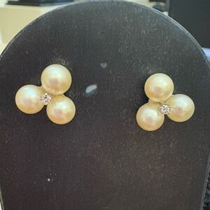 14k White Gold 3 Genuine Cultured Pearl Stud Earrings Clover Cluster Vintage
